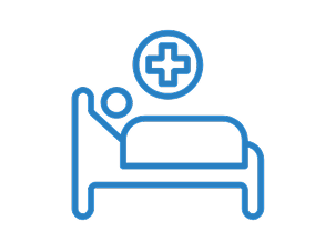 Blue icon of person in hospital bed with medical cross.